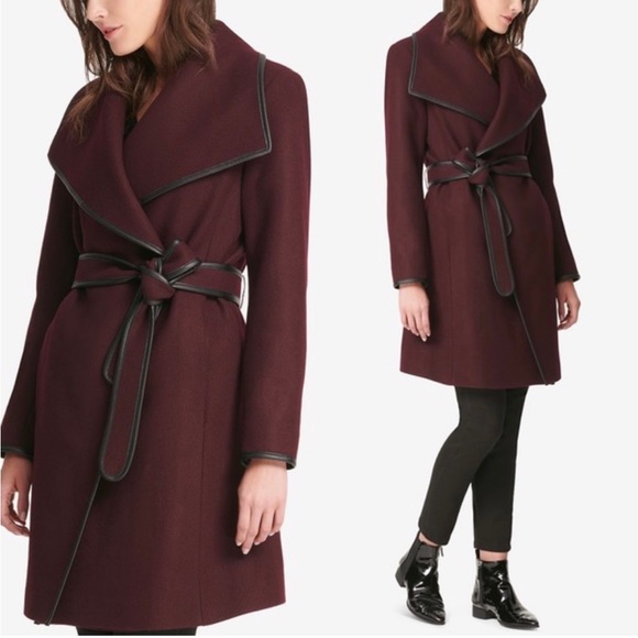 DKNY Maroon/Burgundy Faux Leather Trim Wool Blend Tie Waist Wrap Coat NWT XXL - Picture 1 of 16